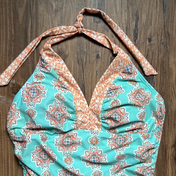 Cabana Life Teal/Orange Printed One Piece Bathing Suit - Picture 2 of 10